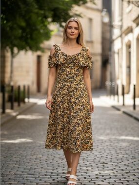 Cold-Shoulder Floral Midi Dress in Mustard